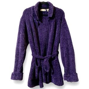 EMILY ROSE Belted Chunky Cardigan Sweater Women’s Size M Sparkling Purpl…